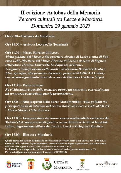 AUTOBUS DELLA MEMORIA - Percorsi culturali tra Lecce e Manduria, domenica 29 gennaio