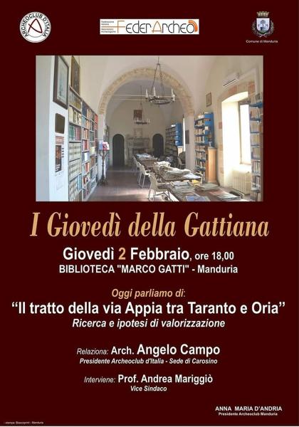 Incontro “La Via Appia tra Taranto ed Oria: ricerca ed ipotesi di valorizzazione”, giovedì 2 febbraio a Manduria