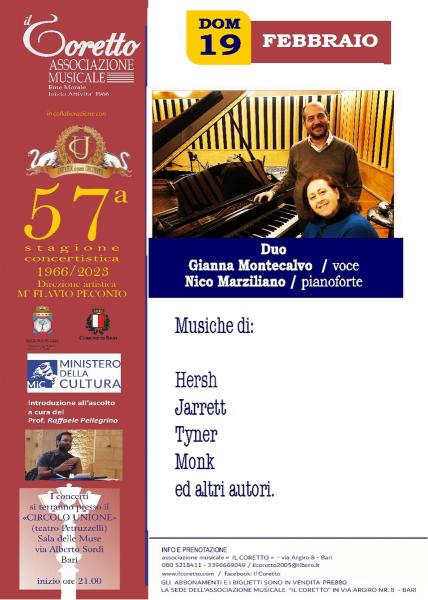 DUO GIANNA MONTECALVO - VOCE -  NICO MARZILIANO -PIANOFORTE JAZZ