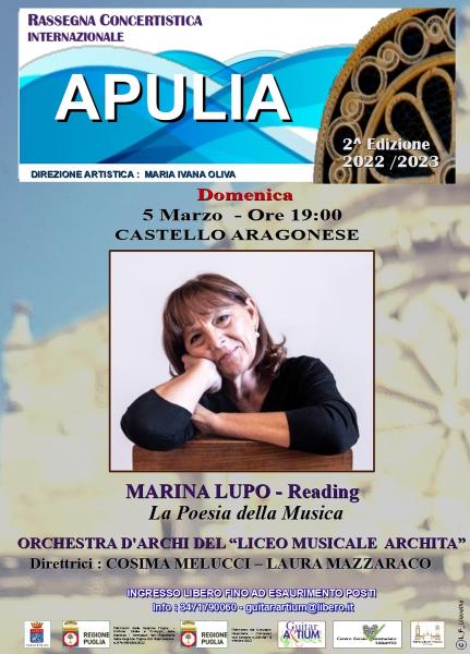 RASSEGNA CONCERTISTICA INTERNAZIONALE "APULIA" - MARINA LUPO -Reading & ORCHESTRA D'ARCHI DEL LICEO MUSICALE ARCHITA