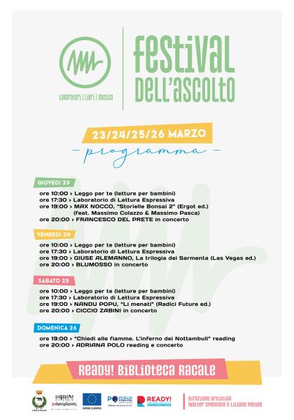 "Festival dell'Ascolto". A Racale 4 giorni di laboratori, libri e musica