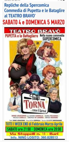 Repliche della supercomica commedia di PUPETTA E LE BATTAGLETE al Teatro BRAVO' - Sabato 4 e Domenica 5 Marzo