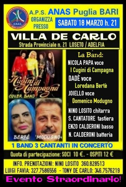 UNA Band per TRE CantantI: Cover di: CUGINI DI CAMPAGNA - DOMENICO MODUGNO - LOREDANA BERTE' Sabato 18 Marzo ore 21 a Villa DE CARLO