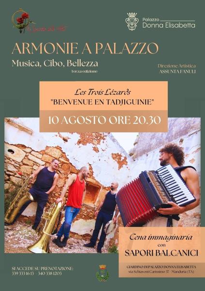 A Manduria giovedì 10 agosto il gruppo Les Trois Lézards: musica e sapori tra Francia, Italia e Balcani.