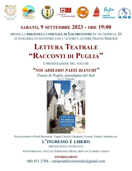 Lettura teatrale RACCONTI DI PUGLIA e presentazione volume NOI ABBIAMO PAESI BIANCHI