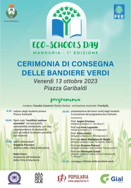 Eco-Schools Day: cerimonia di  consegna della BANDIERA VERDE venerdì 13 ottobre a Manduria, conduce Claudia Cesaroni (Radio Norba)