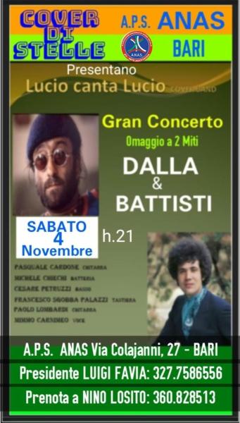 COVER DI STELLE presenta: "LUCIO CANTA LUCIO"  grande tributo della Cover Band a due GRANDI FANTASTICI cantautori: LUCIO DALLA e LUCIO BATTISTI - Sabato 4 Novembre h. 21:00