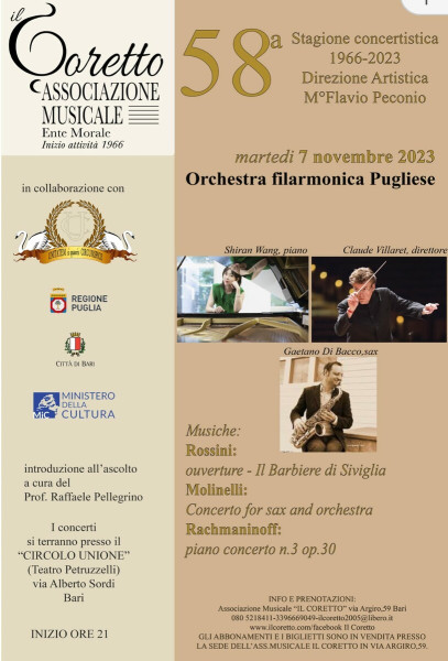 ORCHESTRA FILARMONICA PUGLIESE - SHIRAN WANG -PIANOFORTE - CLAUDE VILLARET DIRETTORE GAETANO DI BACCO SAX