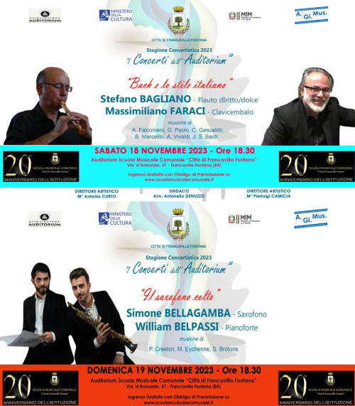 Doppio appuntamento con “I Concerti dell’Auditorium”. In programma “Bach e lo stile italiano” e “Il Saxofono colto”