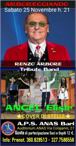 Cover di Stelle presenta all'A.P.S. ANAS di Bari  una speciale serata dedicata a RENZO ARBORE con la tribute Band "ANGEL Elisir" Sabao 25 Novembre 2023 ore 21:00 -