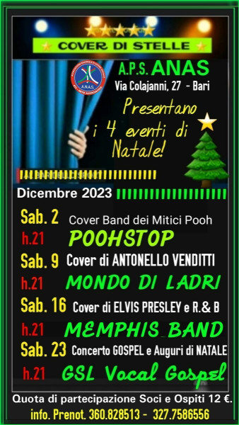 COVER DI STELLE presenta  4 eventi di "Arte & Musica" per Dicembre all'A.P.S. ANAS Bari