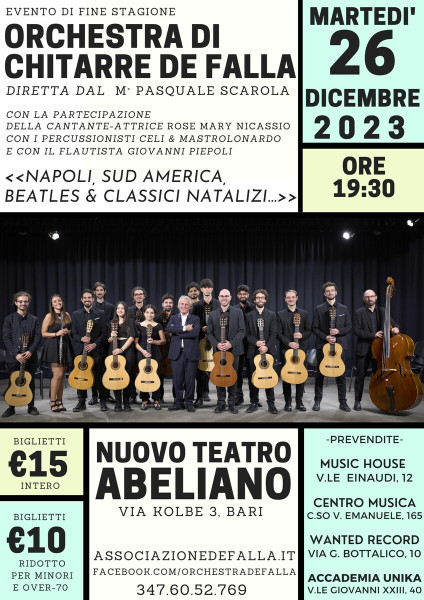 Bari – Orchestra di Chitarre De Falla: “Napoli, Sud America, Beatles & Classici Natalizi…”