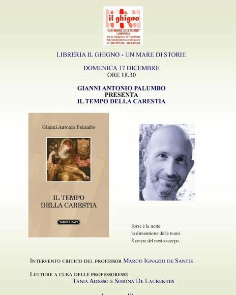 Gianni Antonio Palumbo direttore artistico della fortunata rassegna Notte Bianca della Poesia di Molfetta e Giovinazzo presenta la sua ultima raccolta poetica Il tempo della carestia Tabula Fati Editore Domenica 17 Dicembre 2023 ore 18,30 Il Ghigno Li<sCr