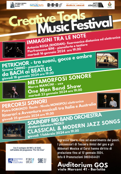 IL GOS APRE LE PORTE AI CONCERTI DEL  PROGETTO CREATIVE TOOLS  MUSIC  FESTIVAL A CURA DI CULTURA E MUSICA G. CURCI  ETS