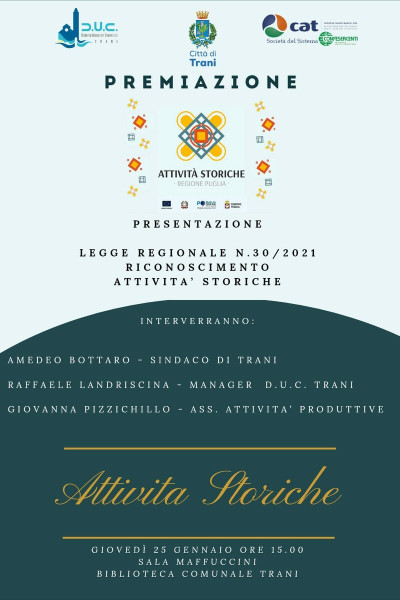 Evento di premiazione ATTIVITÀ STORICHE e presentazione della legge regionale 30/2021 sulle modalità di iscrizione allAlbo Regionale delle Attività storiche pugliesi