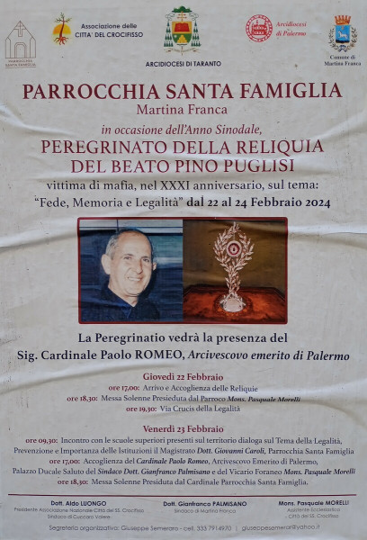 Peregrinatio della reliquia del beato Pino Puglisi, vittima di mafia
