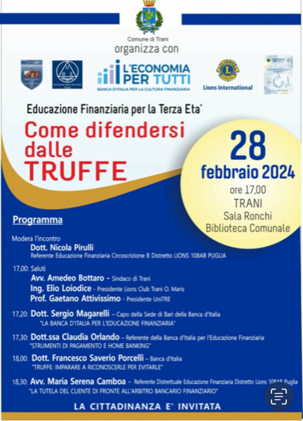 Incontro tematico su COME DIFENDERSI DALLE TRUFFE. LEDUCAZIONE FINANZIARIA PER LA TERZA ETÀ
