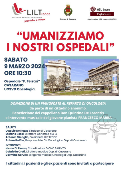 LILT, UN PIANOFORTE PER IL REPARTO DI ONCOLOGIA A CASARANO. "UMANIZZIAMO I NOSTRI OSPEDALI"