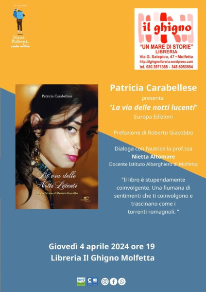 Patricia Carabellese presenta il suo primo libro La via delle notti lucenti Europa Edizioni Prefazione di Roberto Giacobbo Dialoga con lautrice la prof.ssa Nietta Altomare Docente Istituto Alberghiero di Molfetta Giovedì 4 Aprile 2024 ore 19 Il Ghign