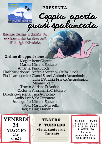 Spazio Teatro Aps ritorna con "Coppia aperta, quasi spalancata" di Franca Rame e Dario Fo adattata dal regista Luigi D'Andria