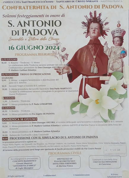 Festa e processione di Sant'Antonio di Padova a cura della parrocchia di San Francesco d'Assisi