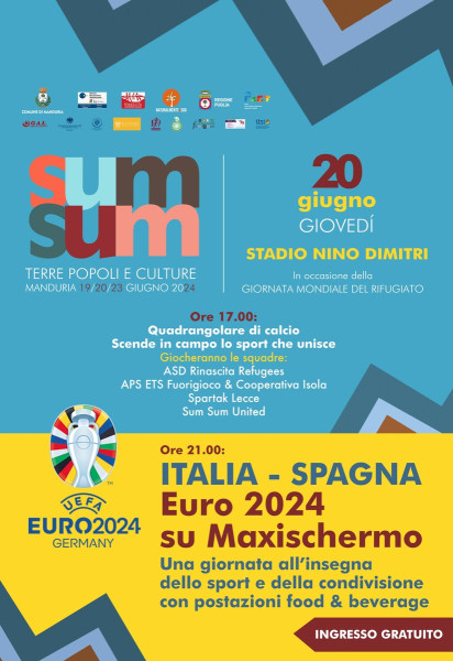 A Manduria "Quadrangolare che unisce!" e poi ITALIA-SPAGNA su maxischermo, giovedì 20 giugno nel Sum Sum Fest