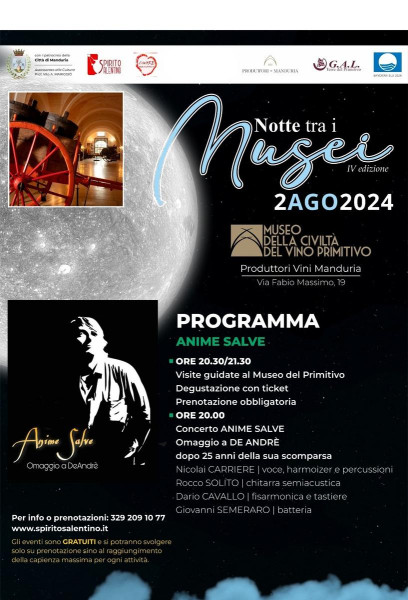 NOTTE TRA I MUSEI Anime Salve · Omaggio a De André #LIVE@ Museo della Civiltà del Vino Primitivo-Manduria (Ta)