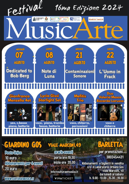 MUSICARTE                               4 Appuntamenti                           presso il Giardino del Laboratorio Urbano GOS                           a Barletta per Cultura e Musica G. Curci - ETS