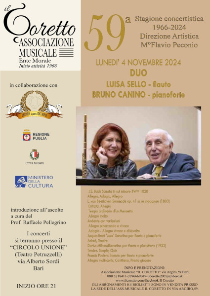 Bari – DUO LUISA SELLO – FLAUTO – BRUNO CANINO – PIANOFORTE