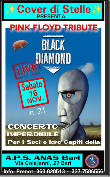 A.P.S. ANAS in collabrazione con COVER DI STELLE invita i Soci e Ospiti dell'Associazione all'Evento Tributo dei Miici PINK FLOYD con la Cover BLACK DIAMONDS Sabato 16 Novembre 2024 Ore 21:00