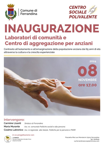 Ferrandina, venerdì 8 novembre si inaugura il nuovo Centro Sociale Polivalente