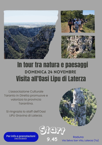 Domenica 24 Novembre, visita guidata all'Oasi Lipu Gravina di Laterza