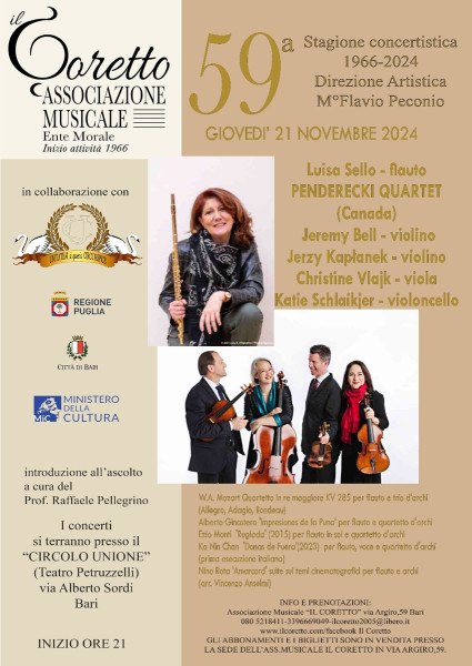 LUISA SELLO  FLAUTISTA  PENDERECKI QUARTETT (CANADA) JEREMY BELL  VIOLINO JERZY KAPLANEK  VIOLINO CHRISTINE VLAIK  VIOLA KATIE SCHLAIKIER  VIOLONCELLO