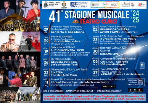 41ma Stagione Musicale 2024/2025 dell’Associazione Cultura e Musica G. Curci  ETS :  11 Grandi Eventi fra narrazioni, sogni e immagini in Musica al Teatro Curci