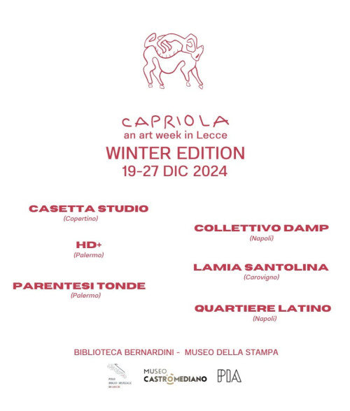 Arte Contemporanea_PIA presenta la Winter Edition di CAPRIOLA alla Biblioteca Bernardini di Lecce