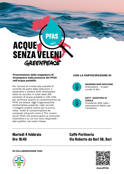 PFAS, Greenpeace presenta a Bari i risultati dei campionamenti acque