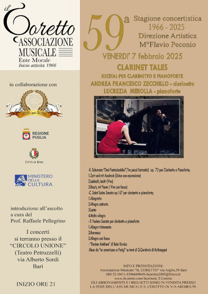 CLARINET   TALES  RECITAL PER CLARINETTO E PIANOFORTE  ANDREA FRANCESCO ZECCHILLO  CLARINETTO  LUCREZIA MEROLLA  PIANOFORTE