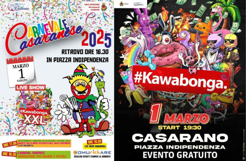 CARNEVALE CASARANESE 2025: MUSICA, DIVERTIMENTO E IL GRAN FINALE CON IL LIVE SHOW DEI KAWABONGA!