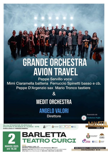 Dopo il successo al Parco della Musica il nuovo progetto Grande Orchestra Avion Travel che torna alle origini con Mario Tronco e della Medit Orchestra diretta da Angelo Valori approda al  Teatro Curci di Barletta- Appuntamento Domenica 2 marzo