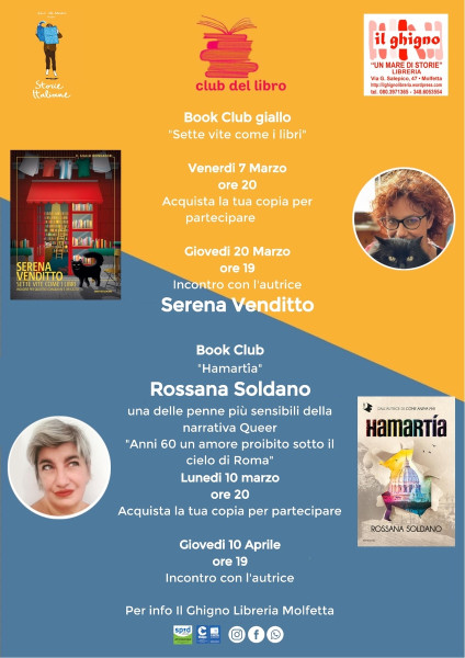 Looking for a book club? A breve partiremo con i primi club di lettura Book Club giallo Sette vite come i libri di Serena Venditto  Book Club Hamartía di Rossana Soldano Acquista la tua copia per partecipare Per info  Il Ghi