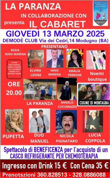 Grande serata di BENEFICENZA organizzata dal "ROTRY CLUB BARI ALTO" e dalla Compagnia Teatrale "LA PARANZA" - Giovedì 13 Marzo h. 20.00 "DEMODE' CLUB"  Via dei Cedri, 14 Modugno (BARI)