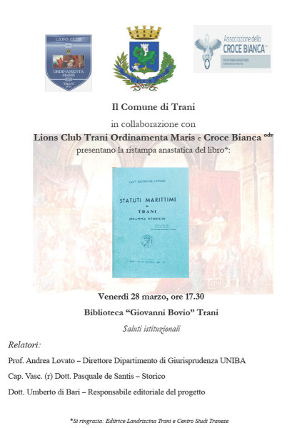 Presentazione della ristampa anastatica STATUTI MARITTIMI DI TRANI. DRAMMA STORICO del Canonico Salvatore Capozzi