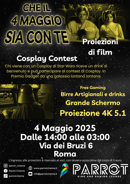 Speciale Star Wars Day, Parrot Kino and Gaming Lounge celebra la saga con Cosplay Contest e proiezioni 4k 5.1 sul Grande Schermo