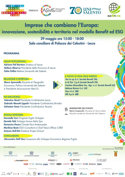 Imprese che cambiano l'Europa: a Lecce un confronto su innovazione, sostenibilità e territorio nel modello Benefit ed ESG - Palazzo dei Celestini - 29 maggio ore 15