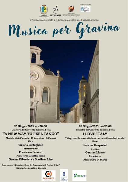 Musica per Gravina 2025: due serate sotto le stelle nel Chiostro di Santa Sofia Dal fascino del tango argentino alla magia intramontabile della canzone italiana