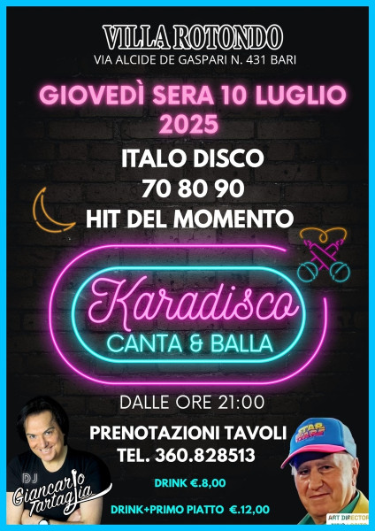 GIANCARLO TARTAGLIA & PEPPEZ tutti i Giovedi di Luglio a VILLA ROTONDO per le serate tutte da cantare  e ballare! Selelezioni per la 2° tappa della CORRIDA che si terrà Giovedi 31 Lulglio