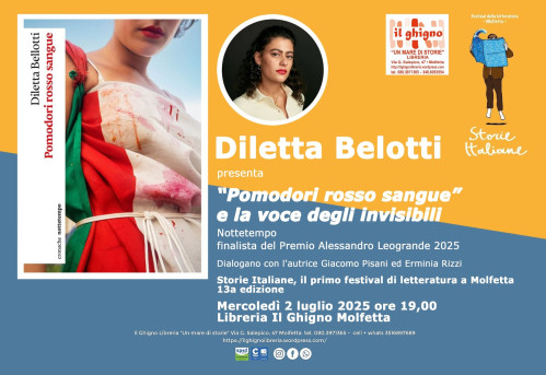 Pomodori rosso sangue Il libro di Diletta Bellotti e la voce degli invisibili Nottetempo, finalista del Premio Alessandro Leogrande 2025, ne discuteranno con l’autrice: Giacomo Pisani ed Erminia Rizzi. Mercoledì 2 luglio 2025 alle ore 19,00 Storie Ita