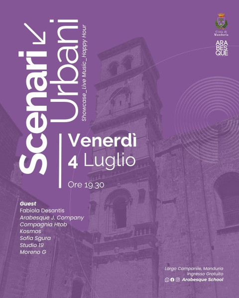 A Manduria SCENARI URBANI: concerti live, danza, Dj set, happy hour e incontri sotto le stelle, venerdì 4 luglio in Largo Campanile