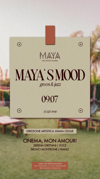 Bisceglie – MAYA’S MOOD Green&Jazz  presenta: CINEMA,MON AMOUR! con Serena Grittani e Bruno Montrone