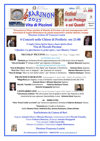 Concerto Vita di Piccini: La giovinezza, le prime opere, i suoi Maestri, l ’Amore per il   Barinon Festival di EurOrchestra